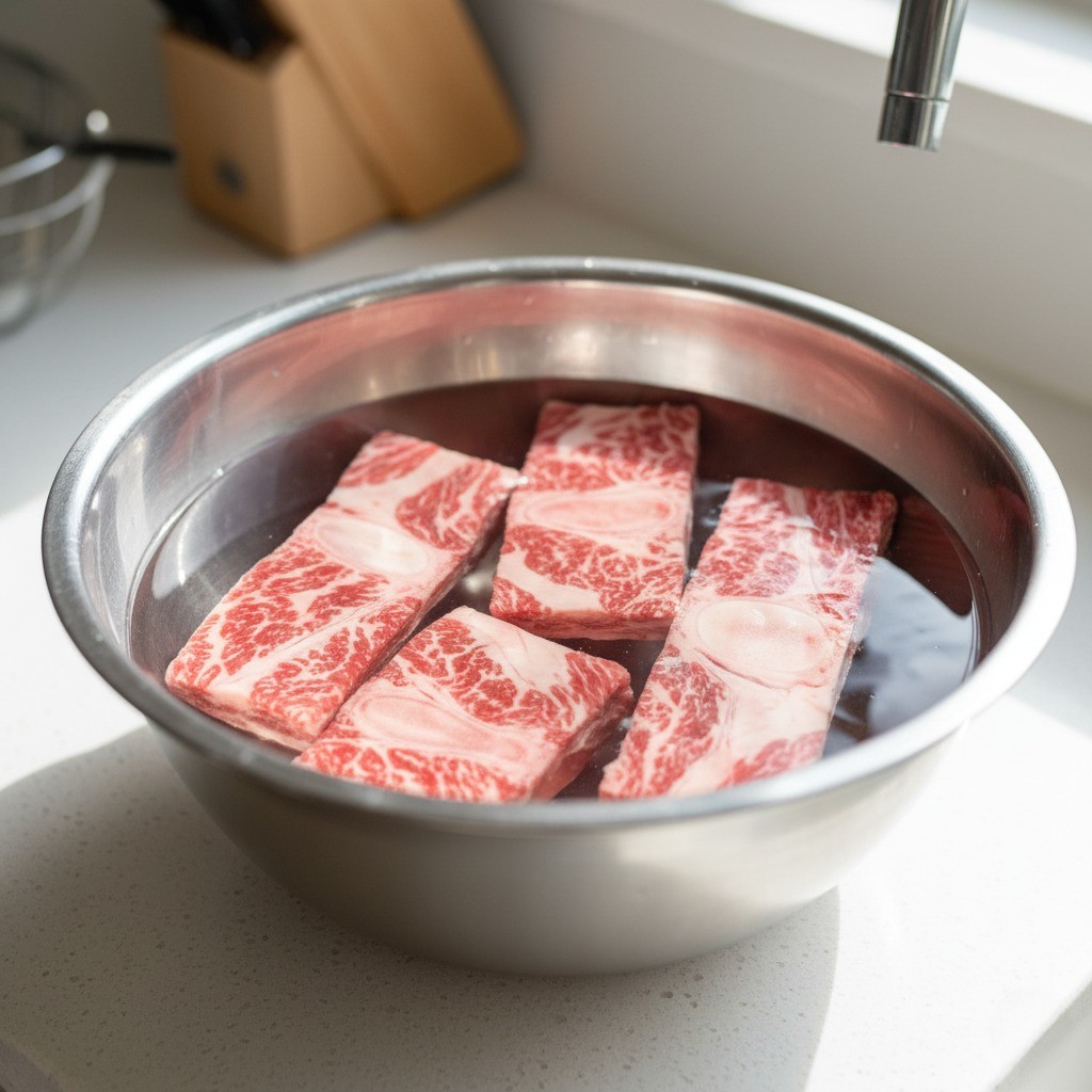 LA갈비 핏물빼기 및 뼛가루 제거를 위해 찬물에 담가둔 고기 손질 과정
