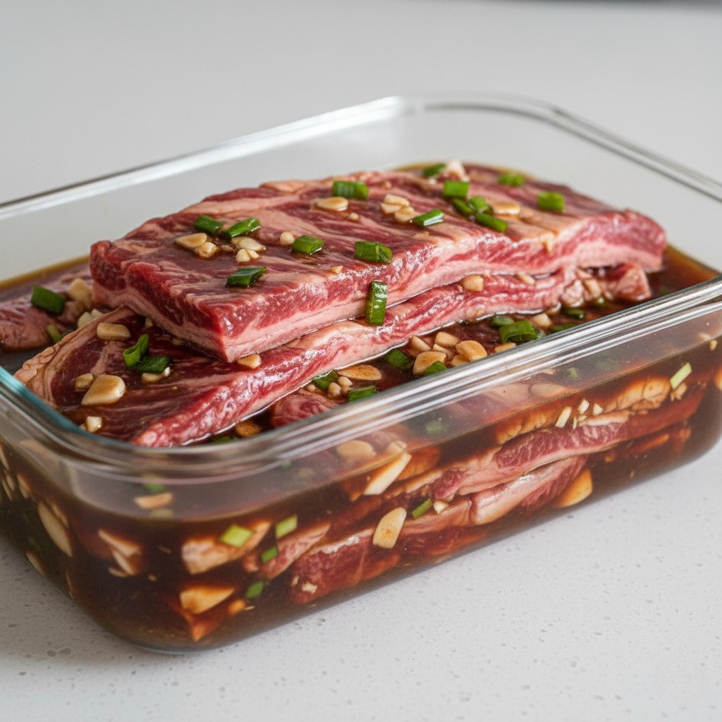 용기에 LA갈비를 켜켜이 담고 양념장을 부어 간이 배도록 숙성시키는 재우기 단계