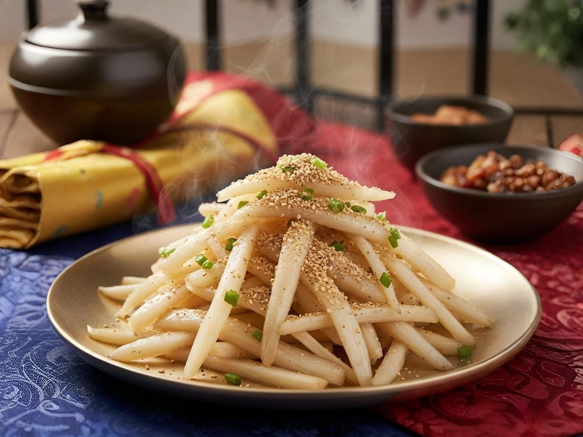 백종원 레시피로 만든 윤기 흐르는 도라지나물 볶음 완성 접시 (설날 명절 음식)