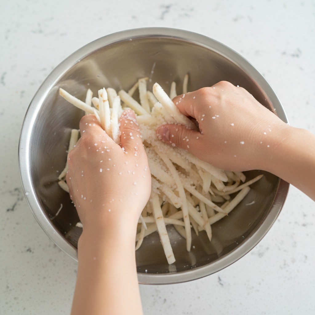 도라지 쓴맛 제거를 위해 굵은 소금으로 바락바락 문질러 씻는 손질 과정