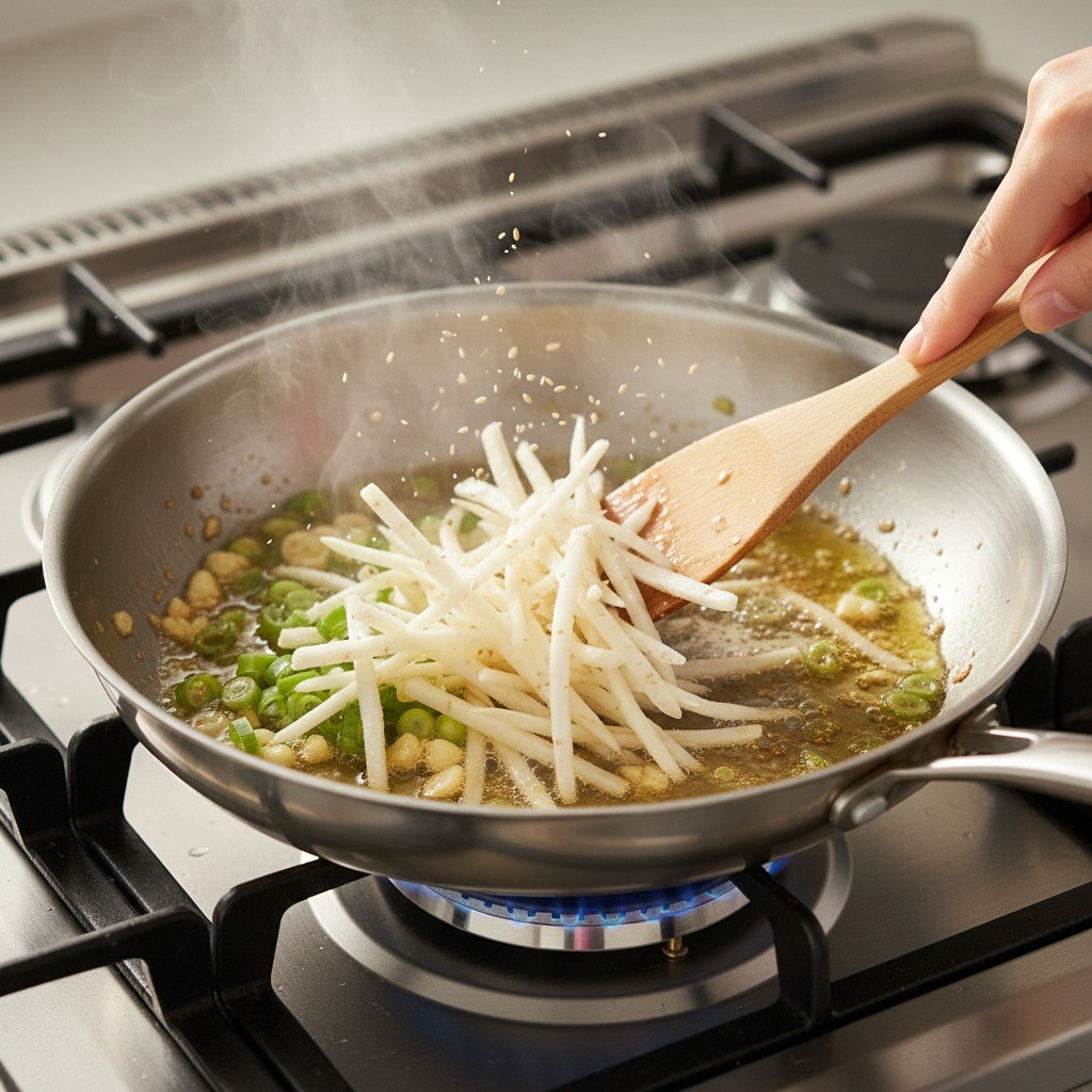 팬에 참기름과 대파로 파기름을 내고 손질한 도라지와 간 마늘 볶기