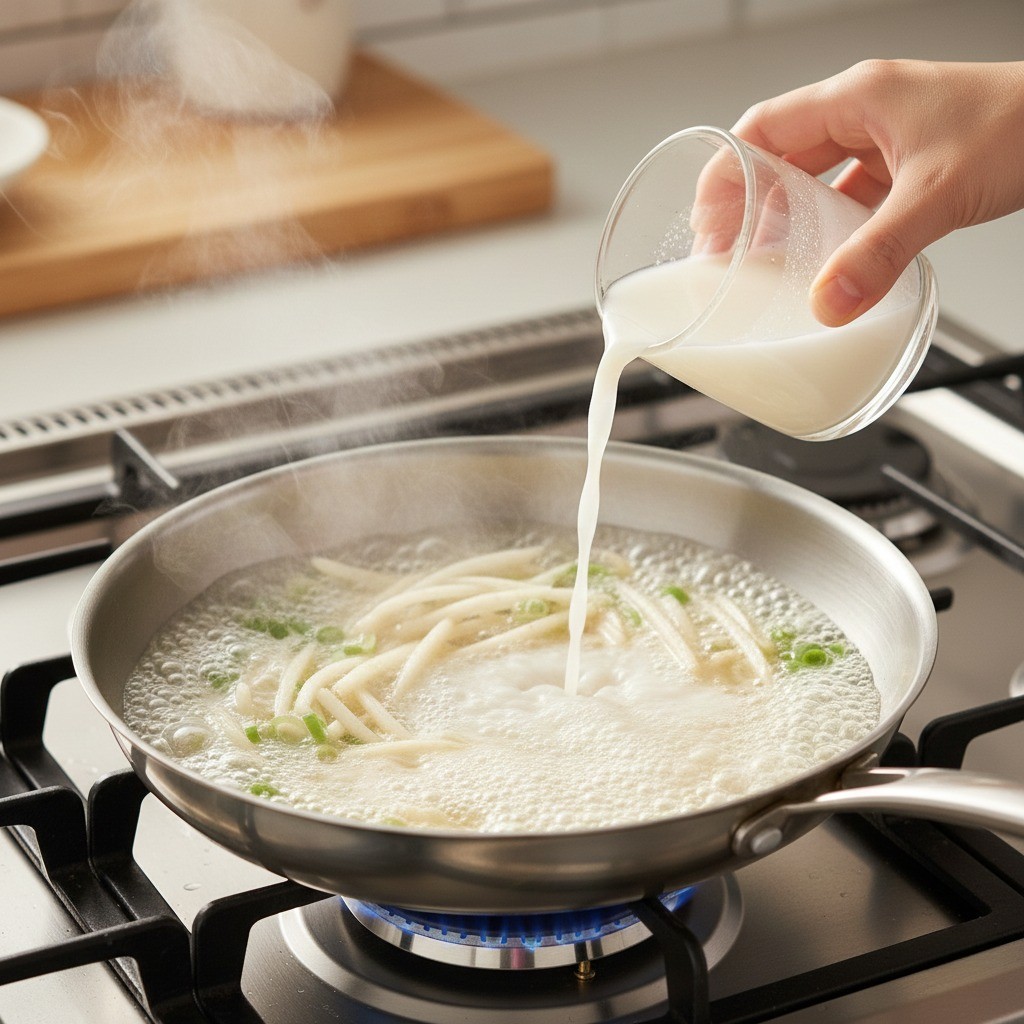 백종원 비법: 볶던 도라지에 쌀뜨물을 부어 쓴맛을 없애고 부드럽게 졸이는 모습