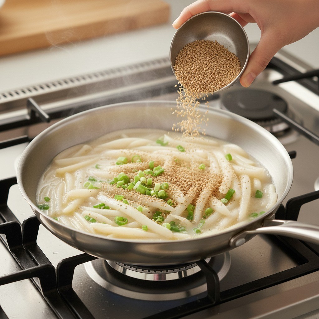 볶음 완료 후 갈은 깨(깨소금)를 듬뿍 뿌려 고소하게 마무리한 도라지나물