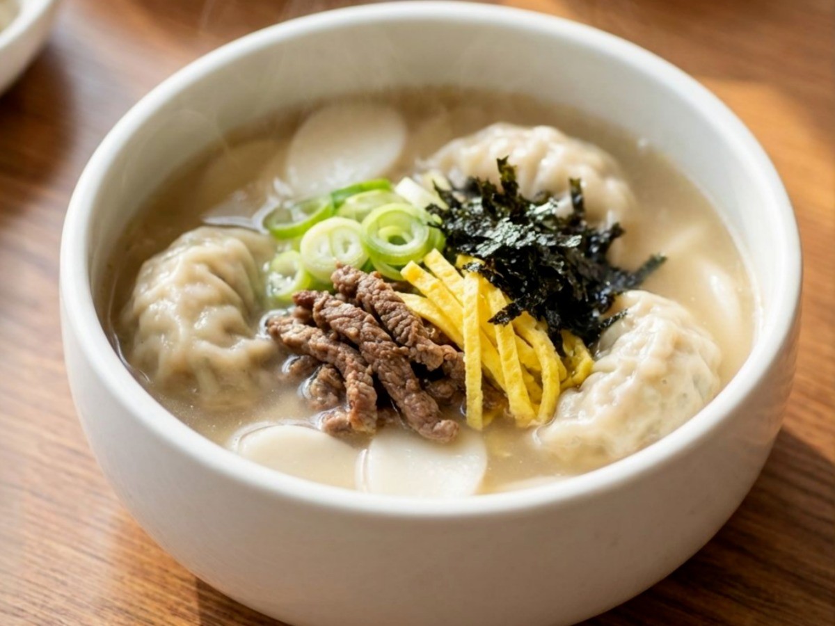 소고기 고명과 달걀 지단이 올라간 먹음직스러운 백종원 떡만두국 완성 요리