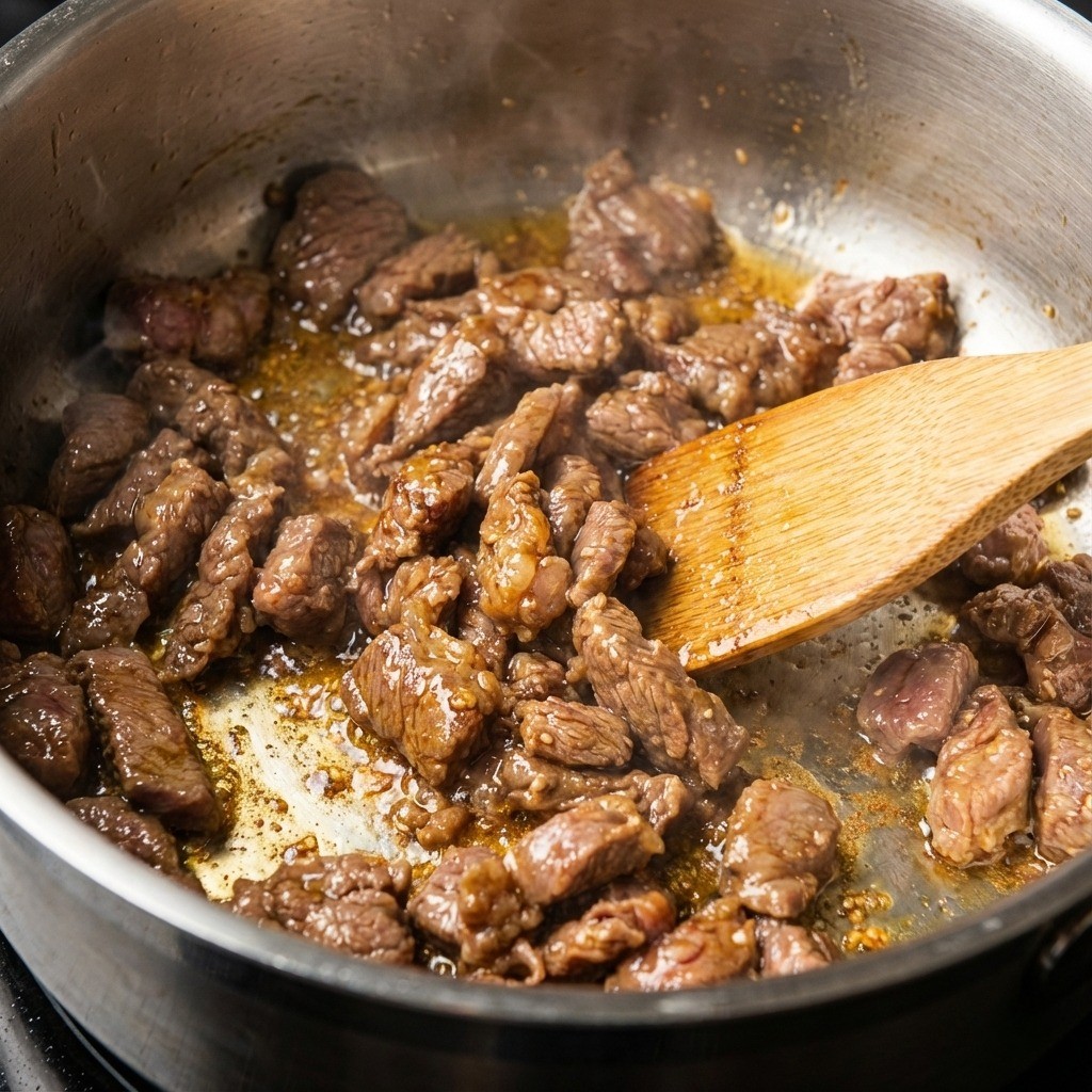 냄비에 참기름과 식용유를 두르고 소고기 양지를 넣어 볶는 조리 과정