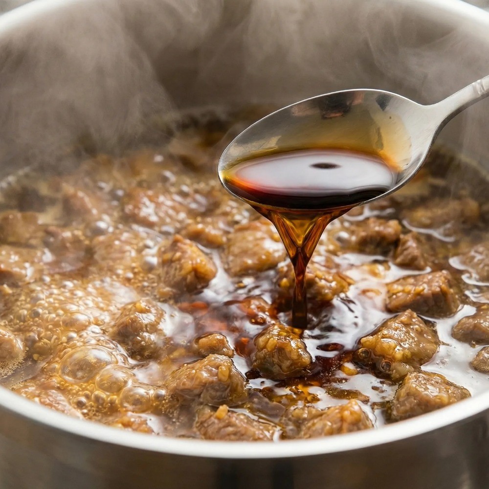 끓는 물에 국간장과 멸치액젓을 넣어 떡만두국 육수 간을 맞추는 모습