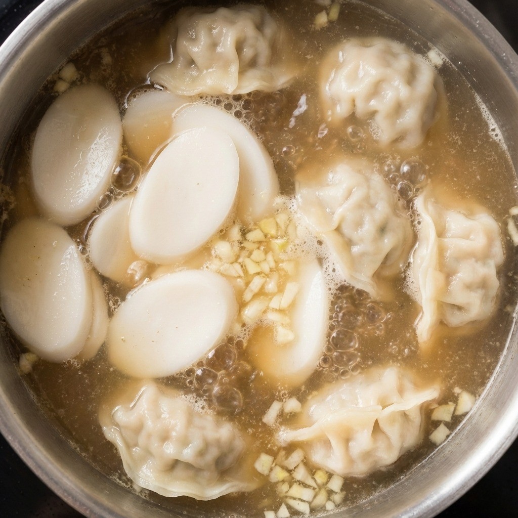 팔팔 끓는 소고기 육수에 떡국떡과 만두를 넣고 익히는 조리 단계