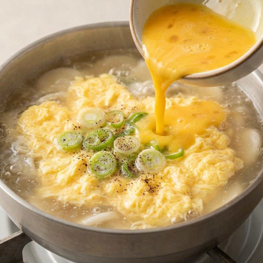 떡만두국에 썬 대파를 넣고 달걀물을 둥글게 부어 마무리하는 모습