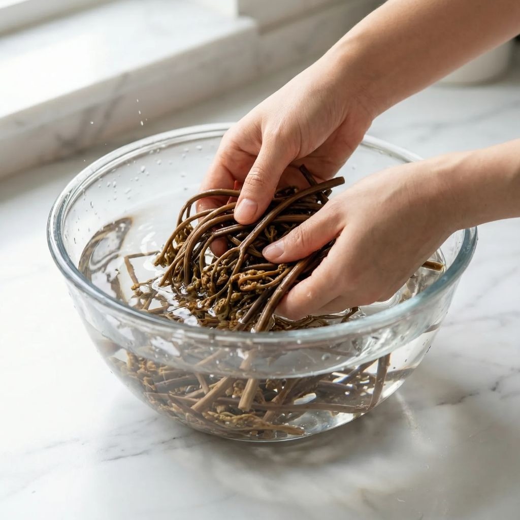 삶은 고사리 쓴맛 제거를 위해 깨끗이 씻고 먹기 좋게 손질하는 모습