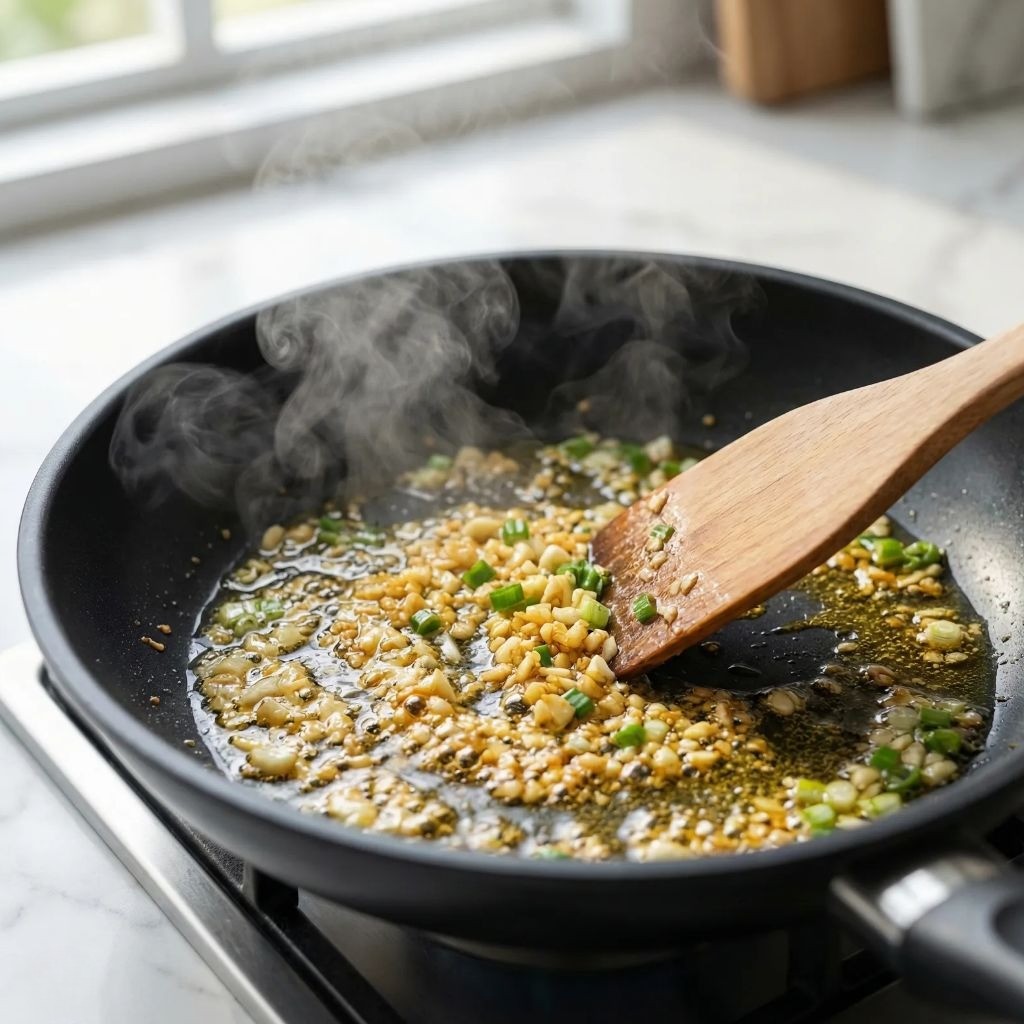 들기름에 대파와 간마늘을 볶아 고사리나물 풍미를 더하는 과정