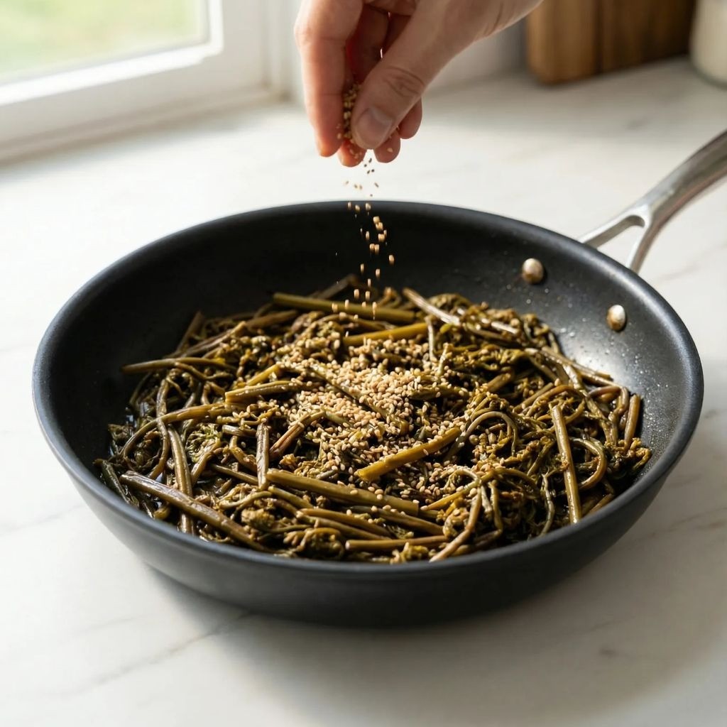 깨소금을 뿌려 먹음직스럽게 완성한 명절 삼색나물 고사리나물 볶음