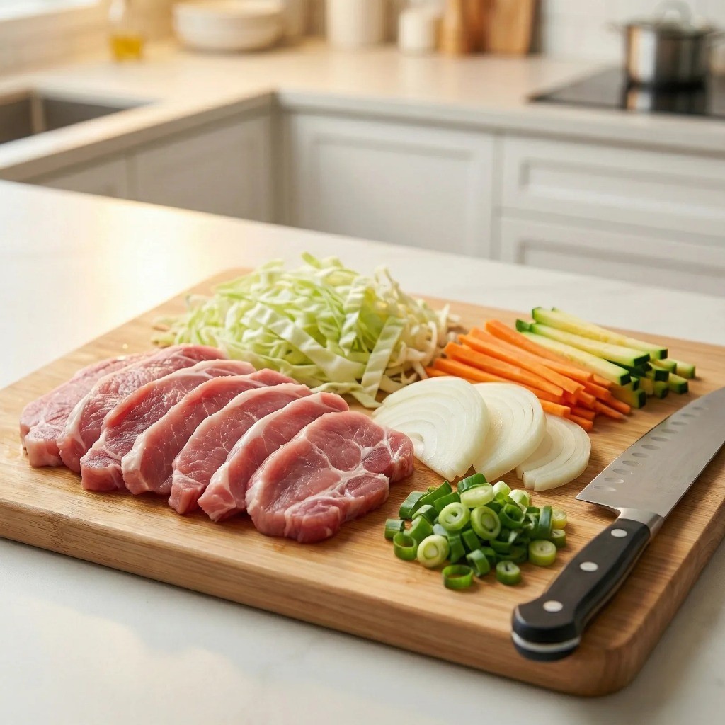 고기짬뽕라면 재료 준비 - 돼지고기 후지와 채 썬 양파, 양배추, 당근, 애호박