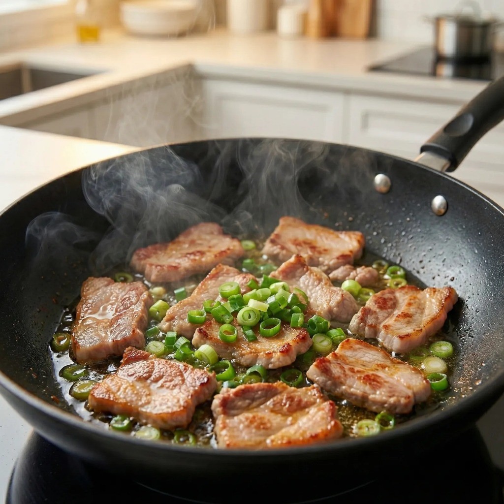 파기름과 고기기름 내기 - 식용유에 돼지고기와 대파를 노릇하게 볶는 과정