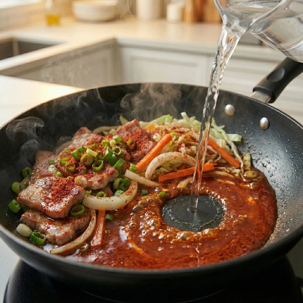 얼큰한 짬뽕 국물 만들기 - 고추기름을 낸 후 물을 붓고 끓이는 모습