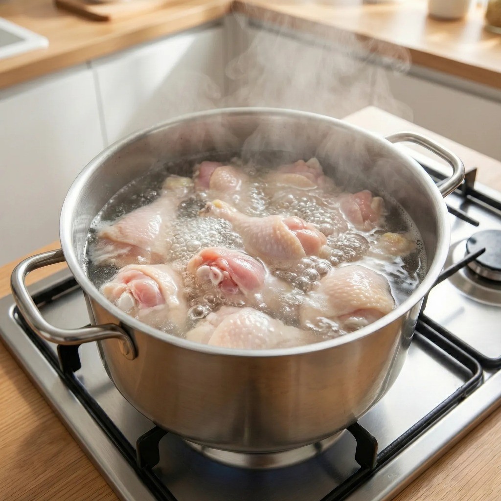 잡내 제거를 위해 끓는 물에 닭을 데치는 백종원 찜닭 손질 과정