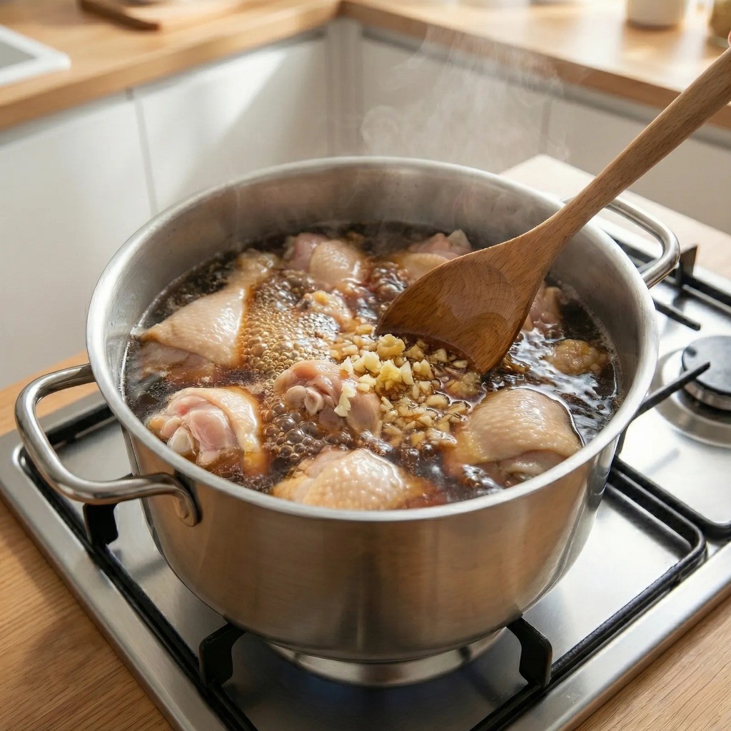 간장 소스와 닭을 냄비에 넣고 끓이는 안동찜닭 조리 과정