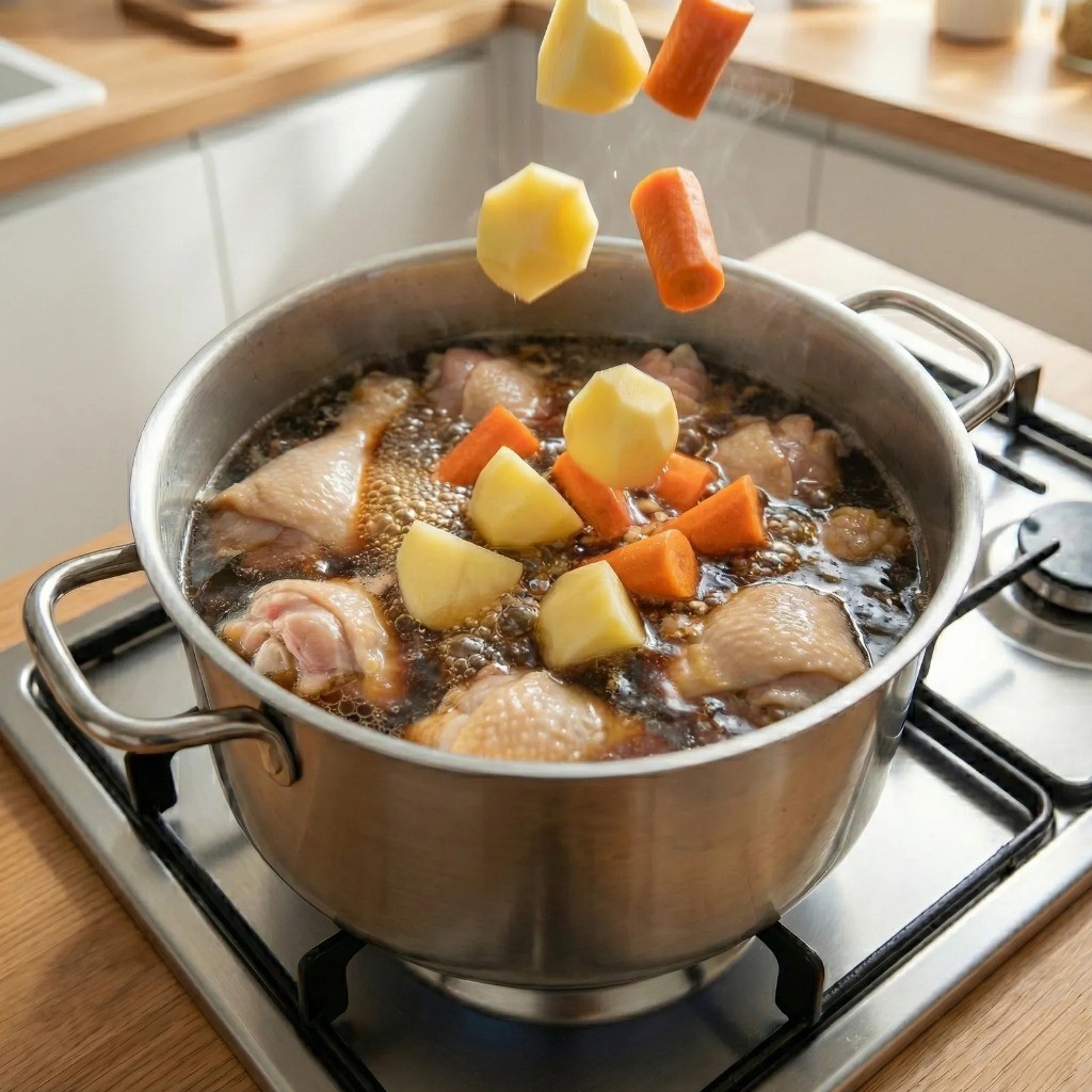 찜닭 국물에 감자와 당근 등 단단한 채소를 넣는 순서