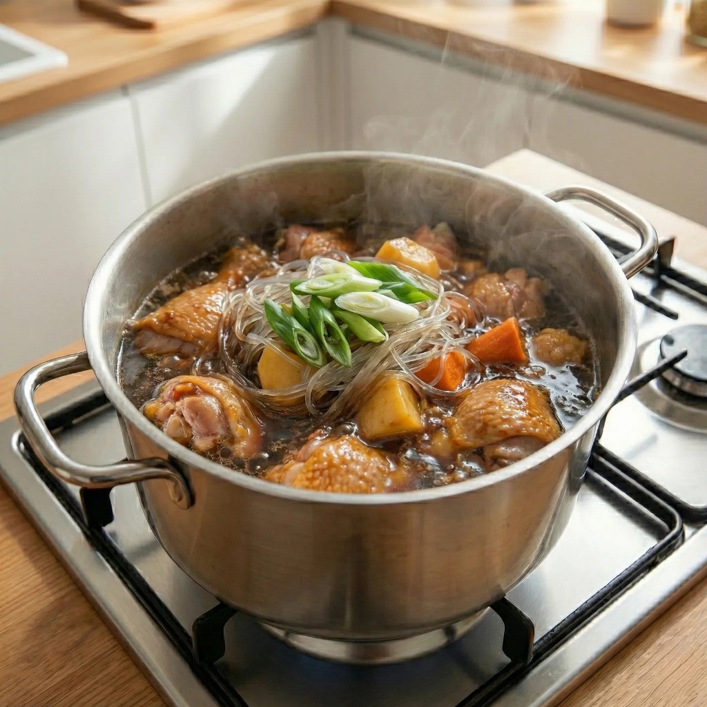 불린 당면과 대파를 넣어 완성하는 백종원 찜닭 마지막 단계