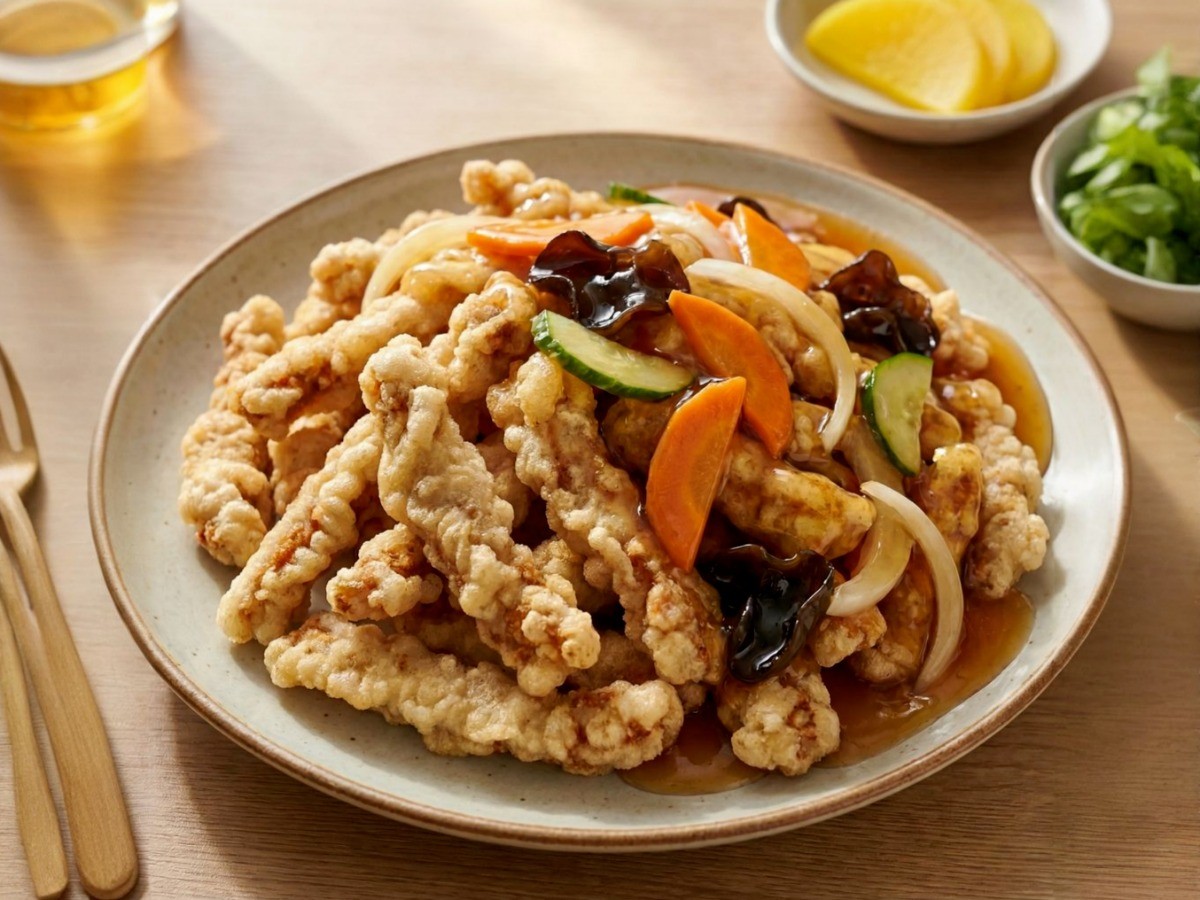 백종원 마늘 탕수육 완성 - 바삭한 등심 튀김과 새콤달콤한 소스 레시피