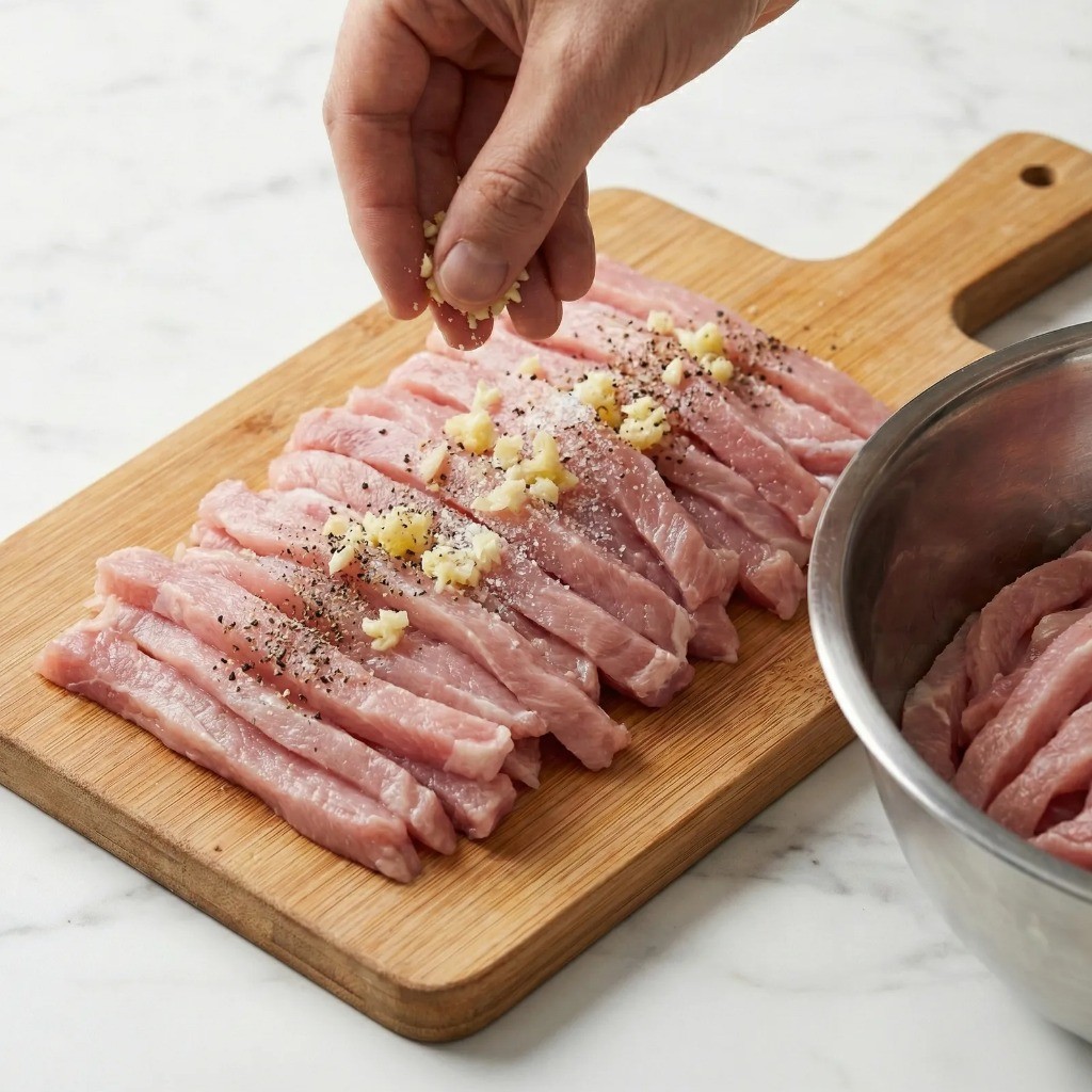 탕수육 고기 밑간 - 돼지고기 등심에 다진 마늘과 후추 양념하기
