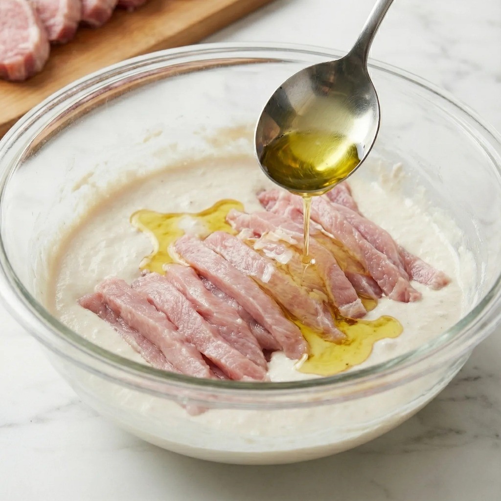 탕수육 반죽 비법 - 튀김가루와 식용유를 섞어 바삭함 살리기