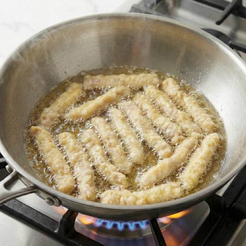 탕수육 튀기는 법 - 170도 기름에서 1차 초벌 튀김 과정