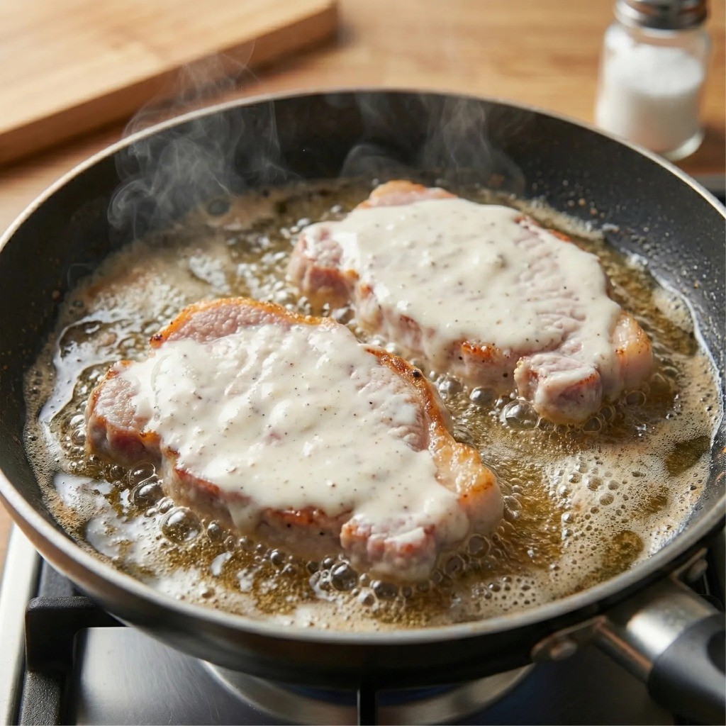 돼지 뒷다리살 패티 노릇하고 바삭하게 튀기는 조리 과정