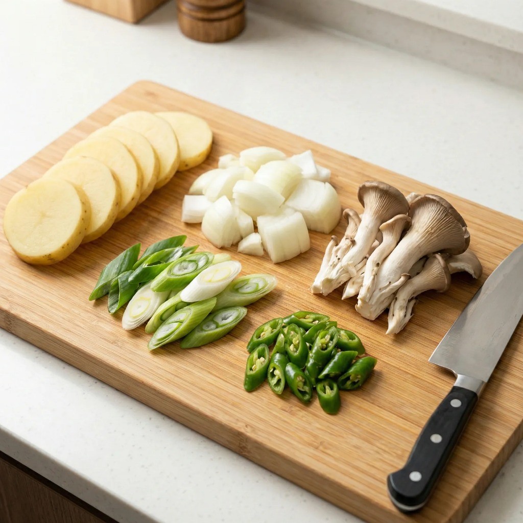 고추장찌개 재료 손질 - 감자, 양파, 대파, 청양고추, 느타리버섯 썰기