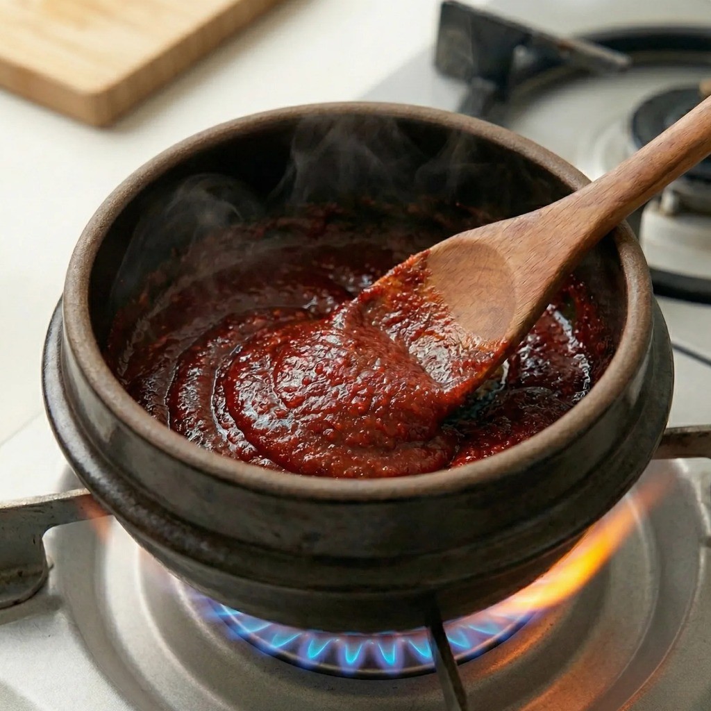 고추장찌개 비법 - 식용유와 참기름에 고추장을 볶아 고추기름 내기