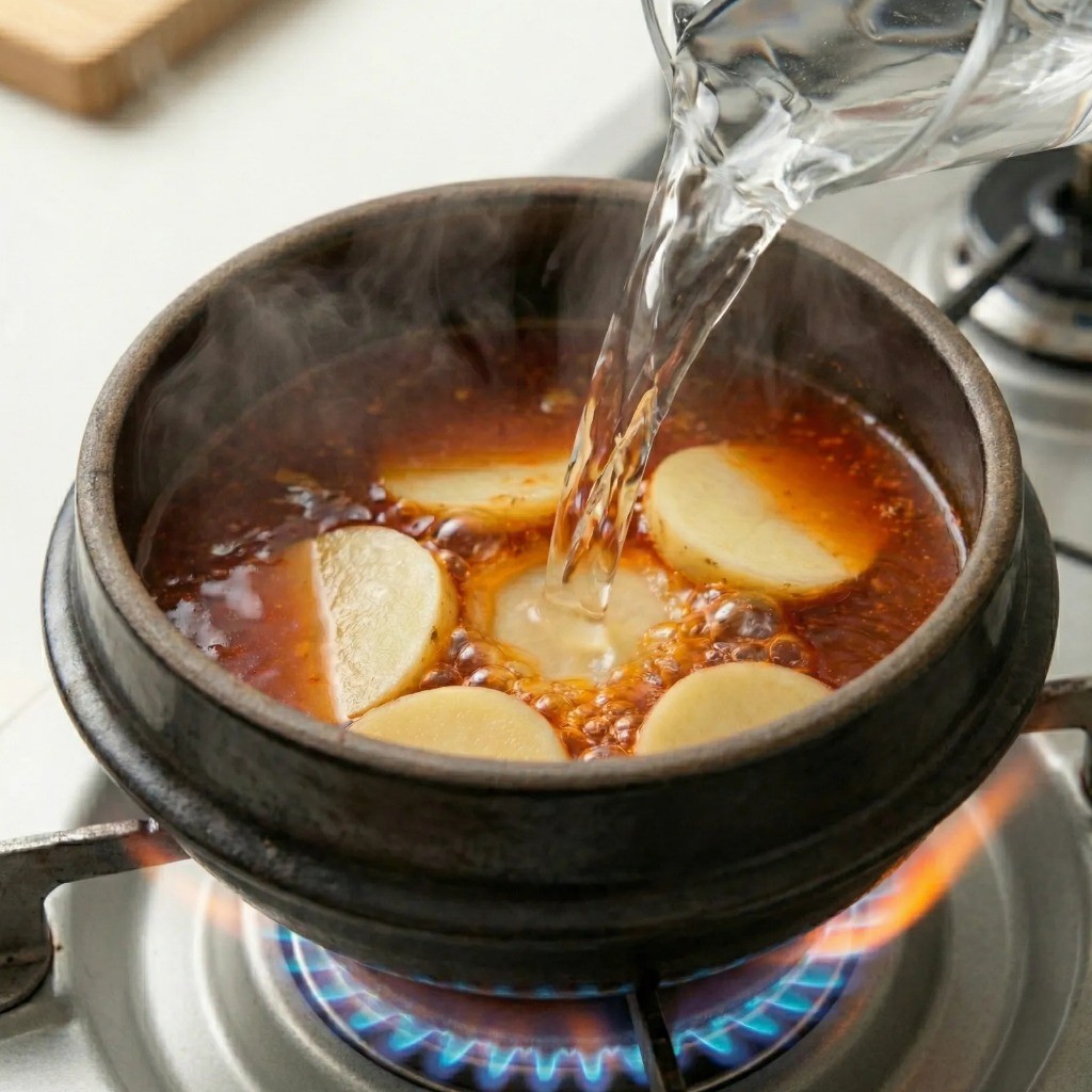 육수 만들기 - 볶은 고추장에 물을 붓고 감자를 넣어 먼저 익히는 과정