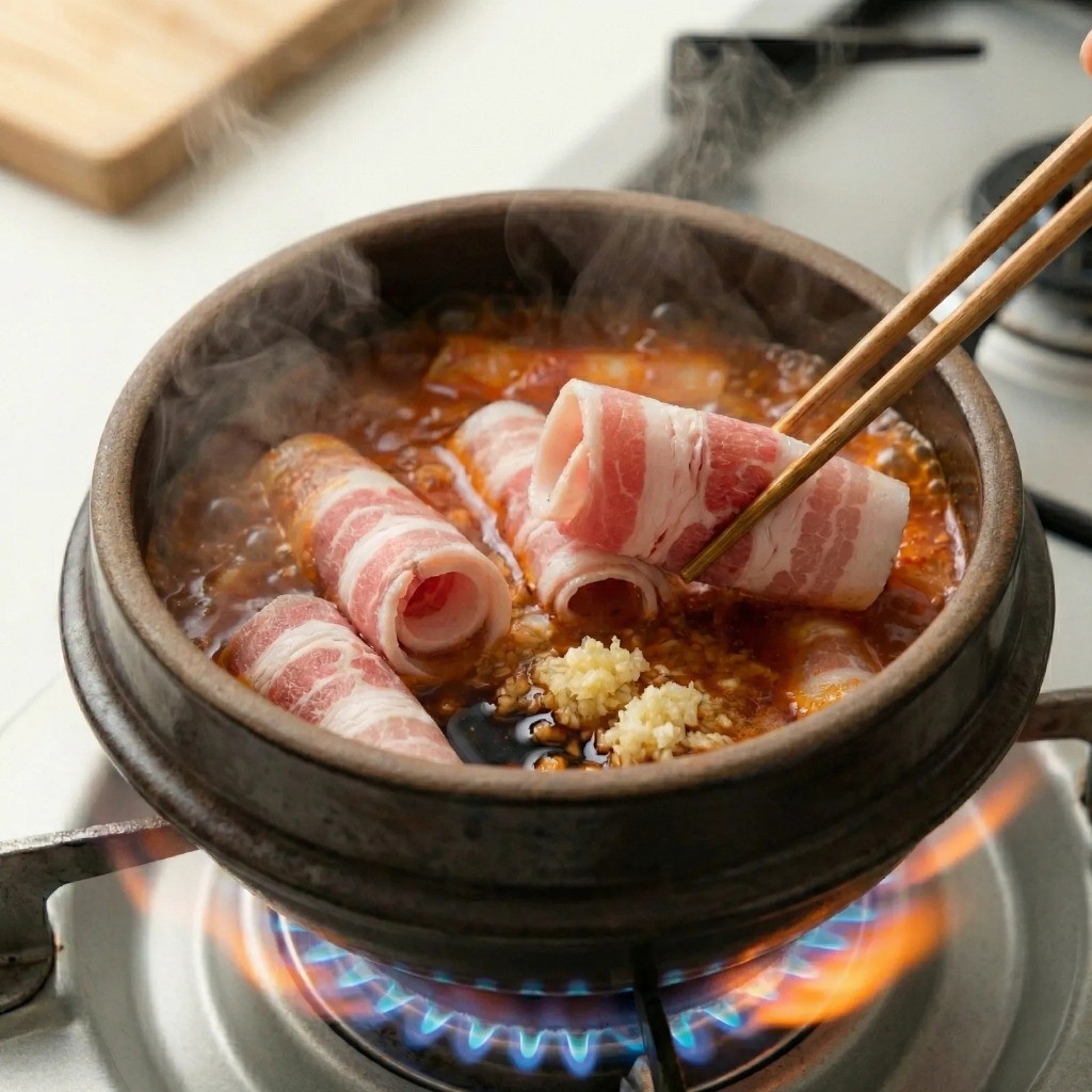 찌개 끓이기 - 대패삼겹살과 다진 마늘, 액젓 등 양념 넣어 간 맞추기