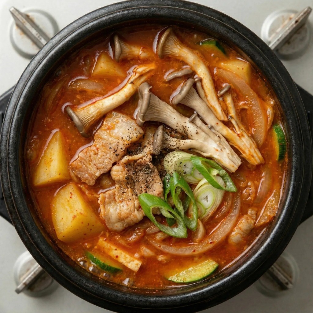 백종원 고추장찌개 완성 - 모든 채소를 넣고 한소끔 끓여낸 얼큰한 찌개