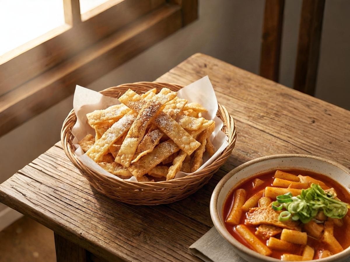 백종원 레시피 활용 떡볶이 토핑용 바삭한 만두피 튀김과 츄러스 간식