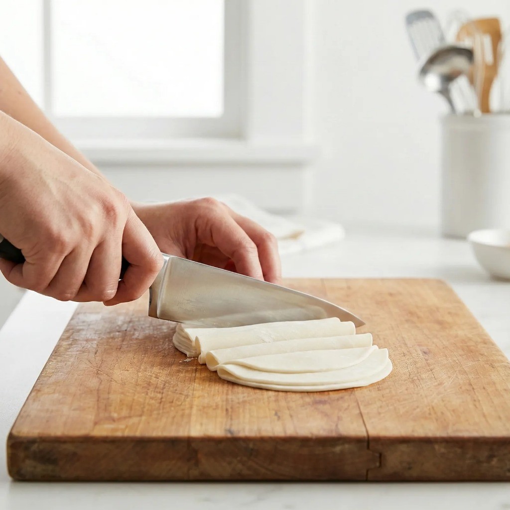 냉동 만두피 해동 후 먹기 좋은 크기로 자르는 손질 과정