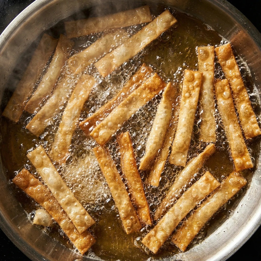 기름에서 서로 붙지 않게 노릇하고 바삭하게 튀겨지는 만두피 조리 과정