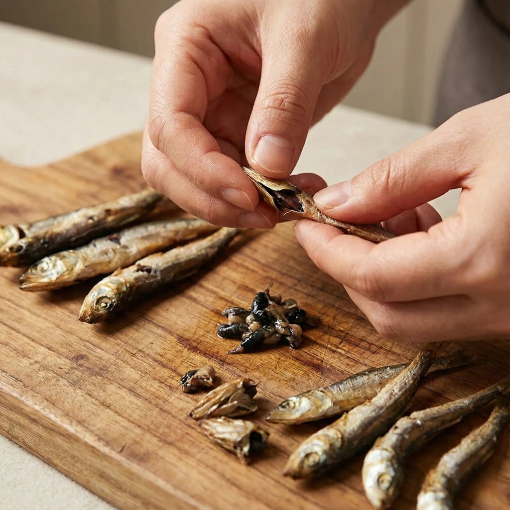 훈연멸치 내장 제거 손질, 쓴맛 제거를 위한 필수 과정