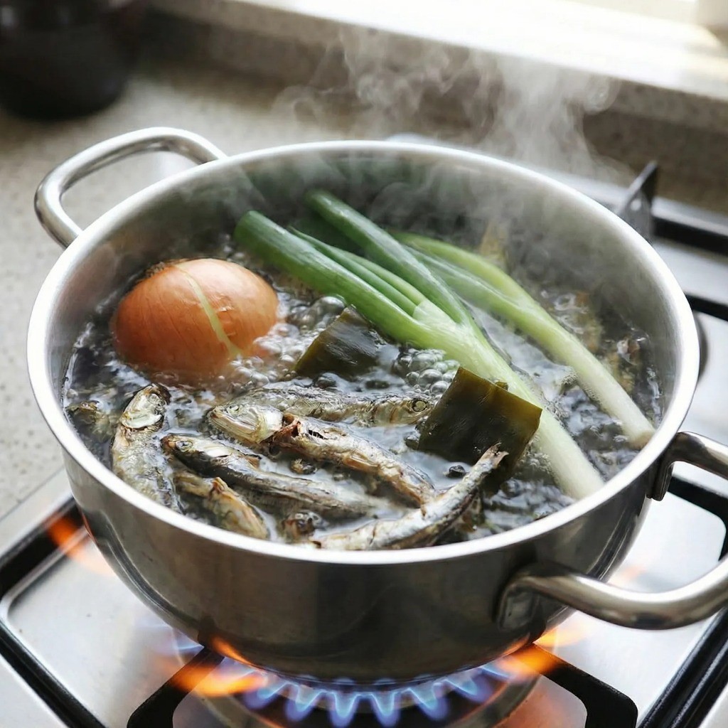 물, 무, 양파, 대파, 다시마를 넣고 끓이는 훈연멸치 육수