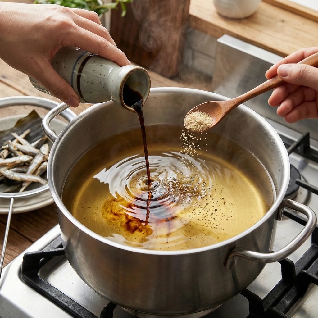 진간장, 국간장, 맛술로 감칠맛을 낸 가락국수 국물 간 맞추기