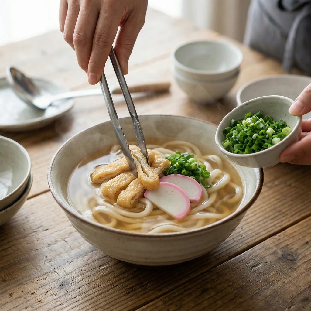 삶은 면에 뜨거운 육수를 붓고 쑥갓, 유부, 어묵 고명 올리기