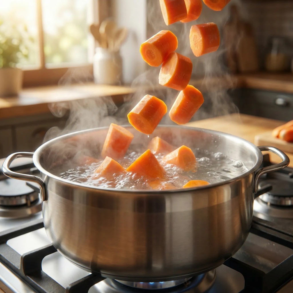 당근죽 만들기 1단계 - 냄비에 썬 당근과 물을 넣고 삶는 과정