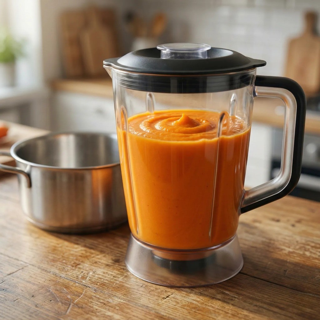 당근죽 레시피 2단계 - 삶은 당근과 물을 믹서기에 넣고 곱게 가는 모습