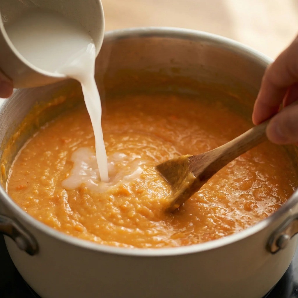 당근죽 조리 3단계 - 냄비에 끓이며 쌀가루 물로 농도 조절하기