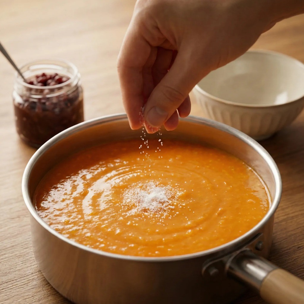 당팥죽 완성 4단계 - 소금 간 후 단팥 앙금 토핑을 올린 모습