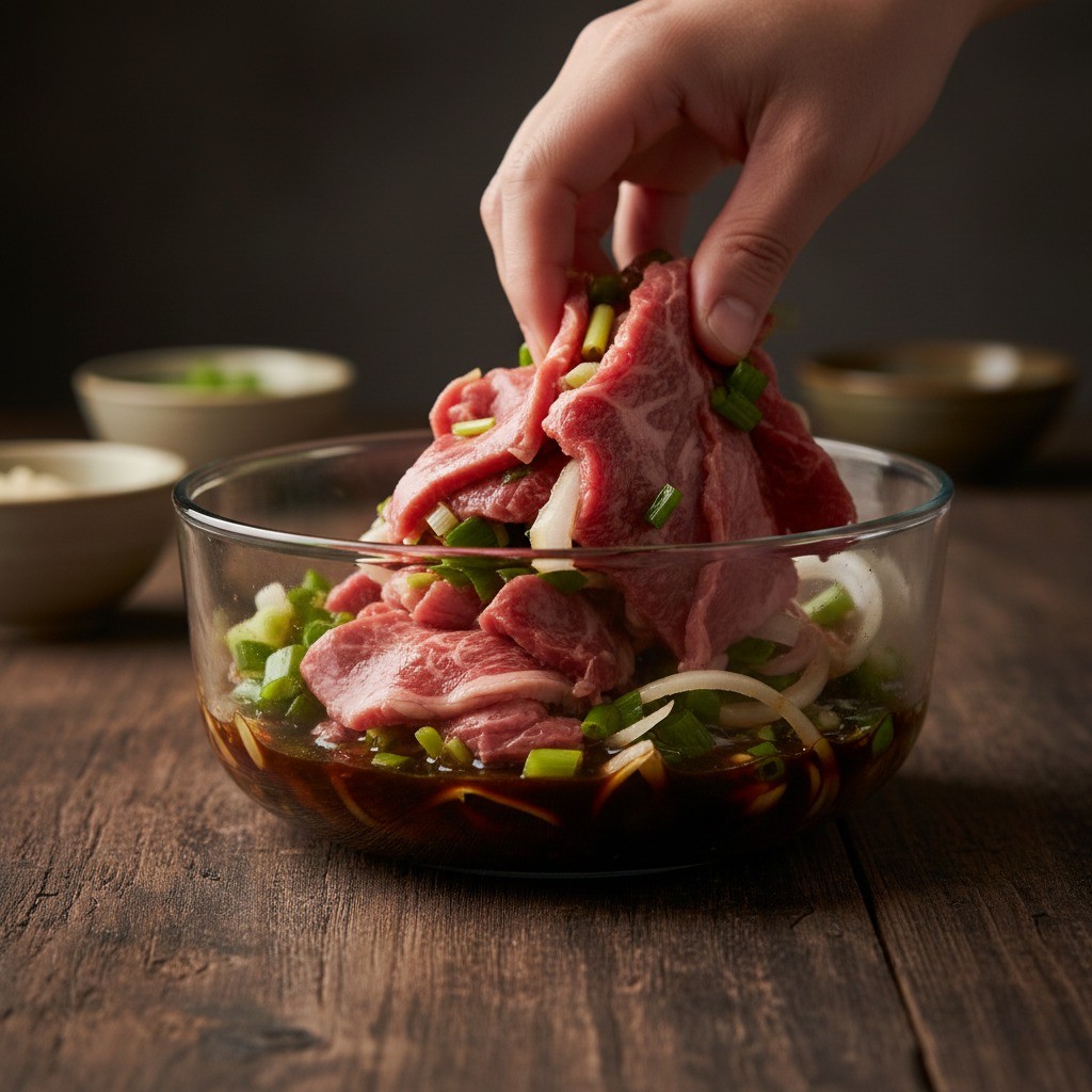 소고기 목심에 간장 양념과 야채를 넣고 버무려 재우는 불고기 양념 과정