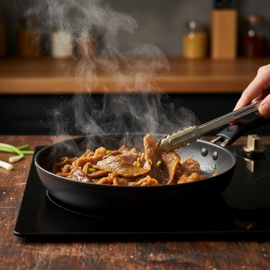 프라이팬에서 수분 없이 바짝 볶아 노릇해진 불고기 버거용 고기