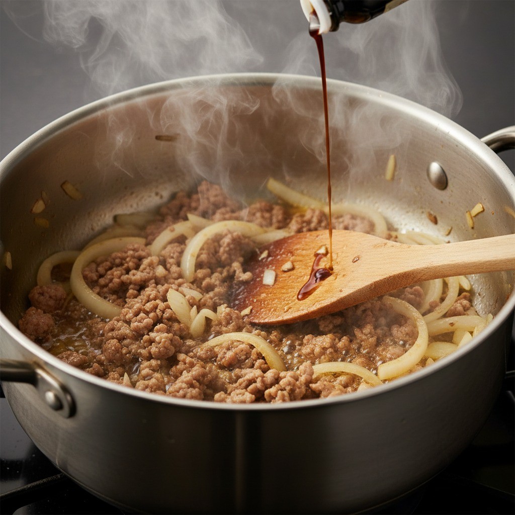 백종원 밤라면 조리법, 냄비에 돼지고기와 양파 볶아 풍미 내기