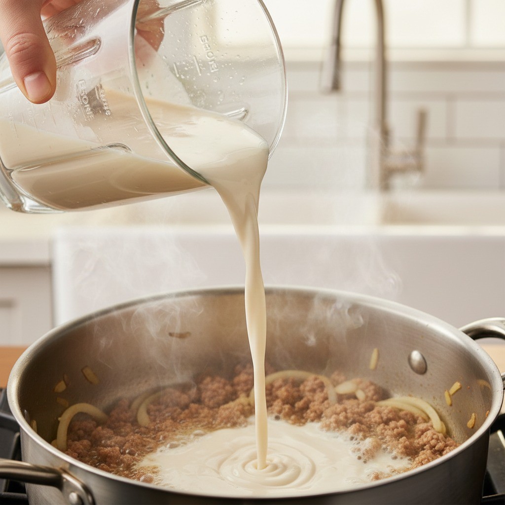 밤라면 육수 만들기, 볶은 재료에 갈아둔 밤물 붓고 끓이기