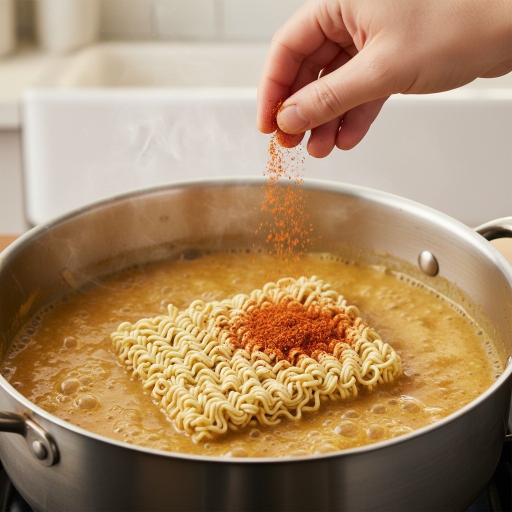 스낵면 요리, 걸쭉하게 끓어오른 밤라면 국물에 면과 스프 넣기