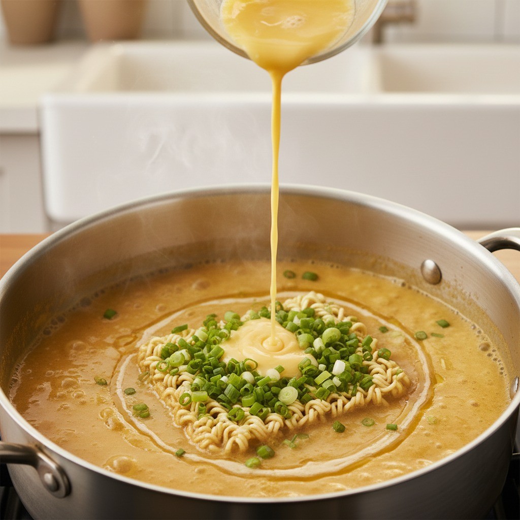 밤라면 레시피 마무리, 달걀물 풀고 참기름 넣어 완성하기