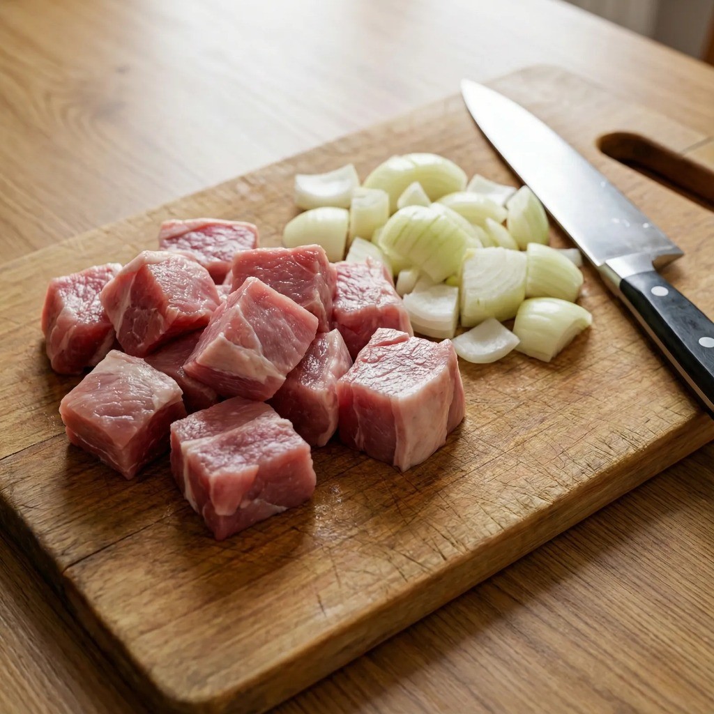 돼지고기 덮밥 재료 손질 - 뒷다리살과 양파 먹기 좋은 크기로 썰기